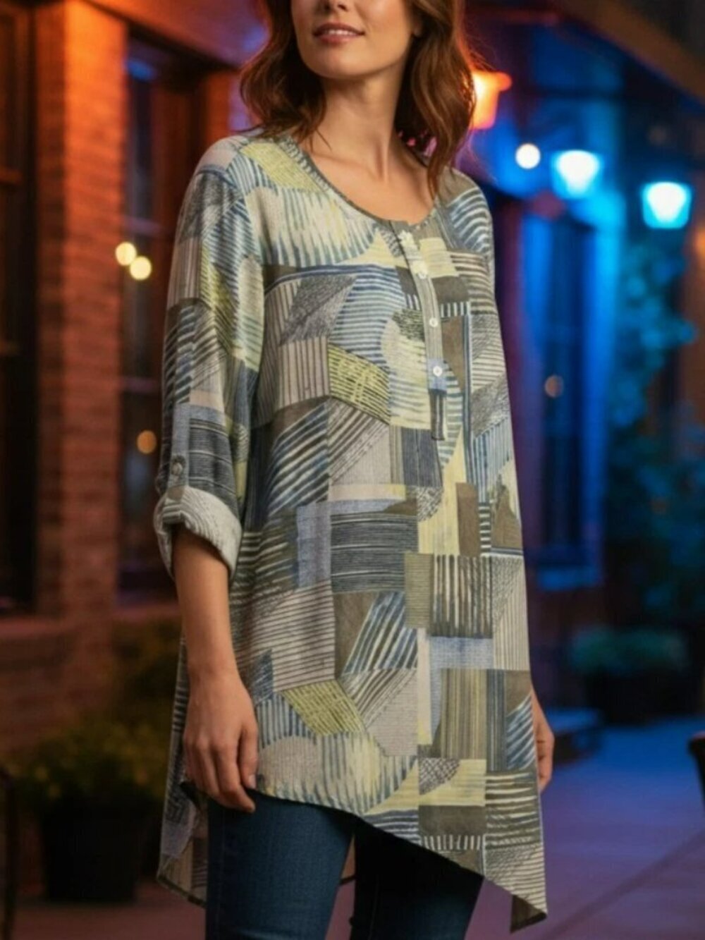 Chico's Asymmetrical Hem Popover Top Size XL / 3 Semi Sheer Roll Tab Sleeves